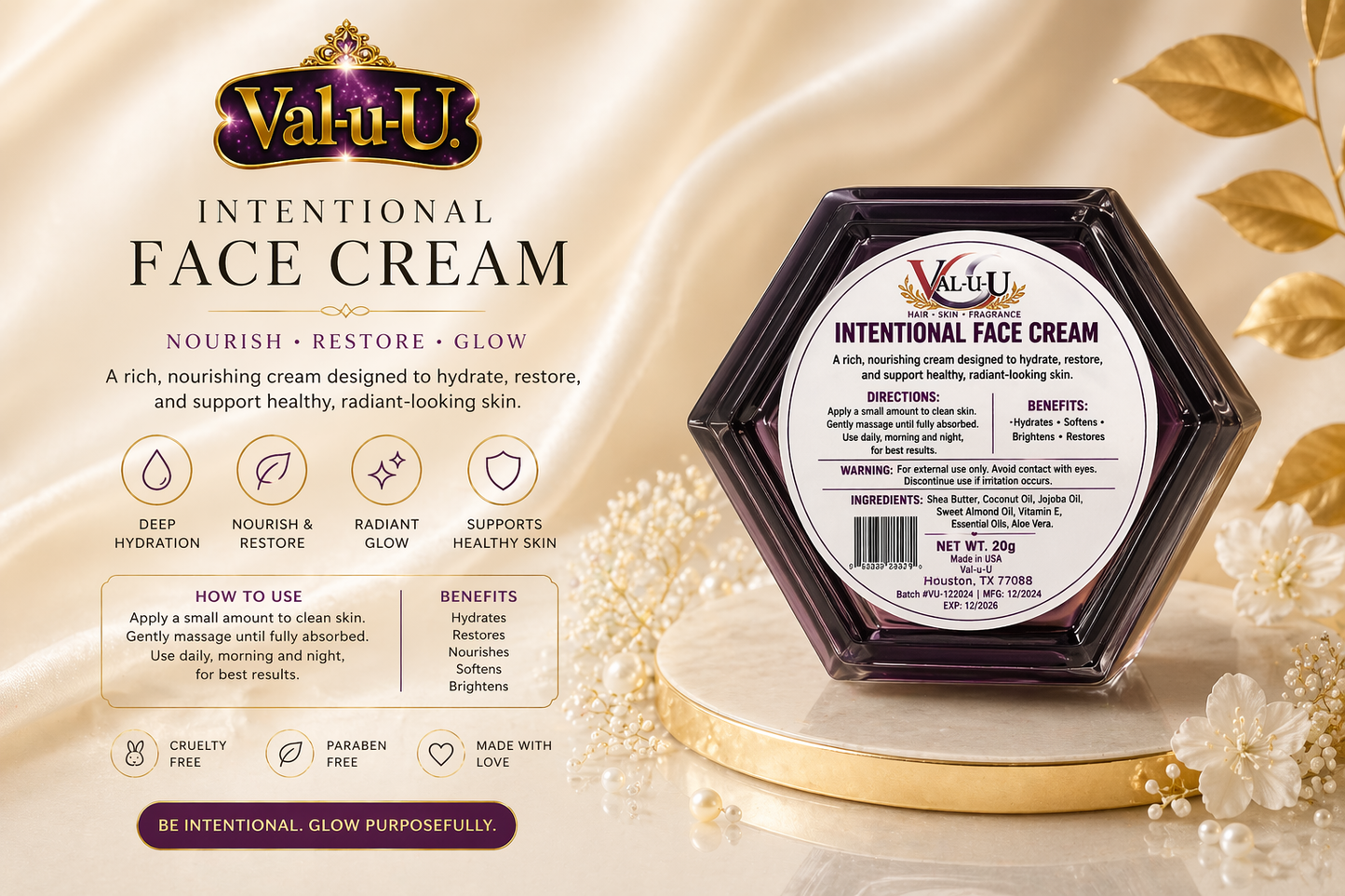 Val-u-U Intentional Face Cream packaging on a decorative background with gold leaves and white flowers.