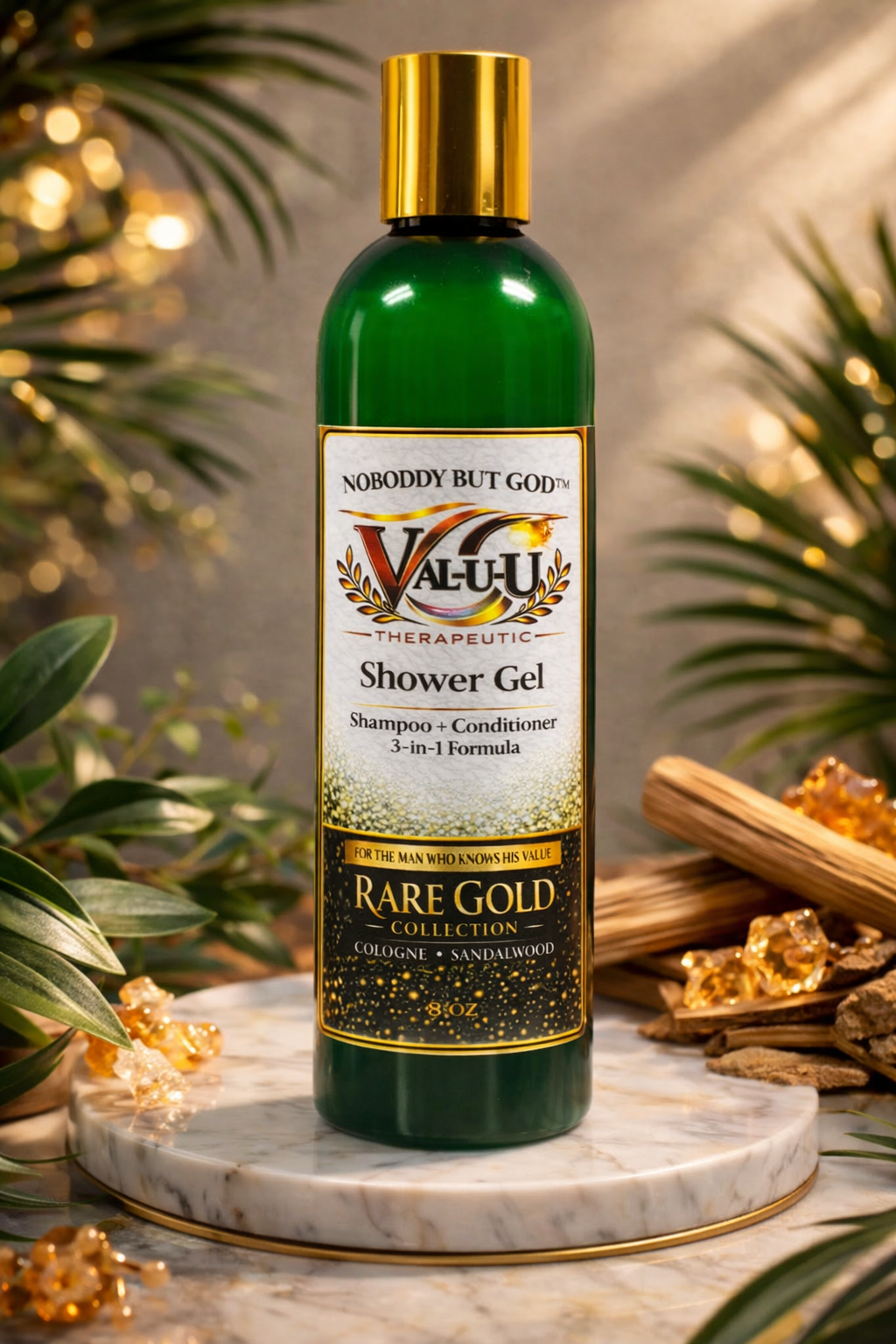 Bottle of Valu Therapeutic Shower Gel with gold cap on a marble surface with decorative elements.