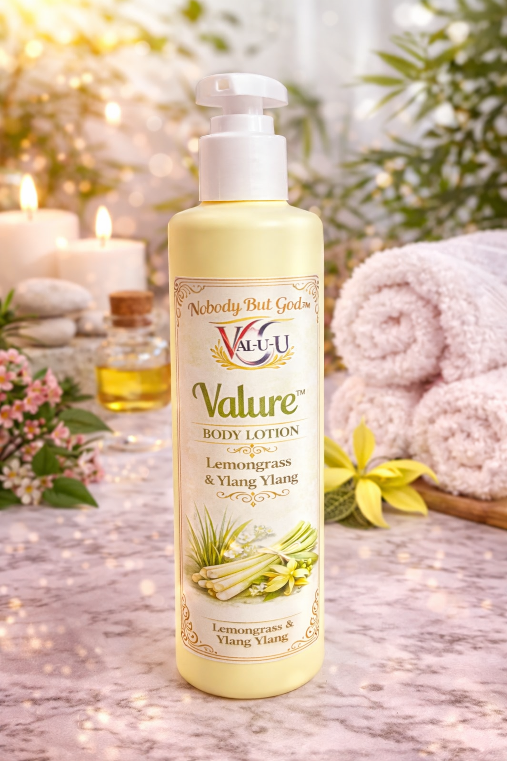 Valu-U Lemongrass & Ylang Ylang body lotion bottle on a decorative background with candles and flowers.