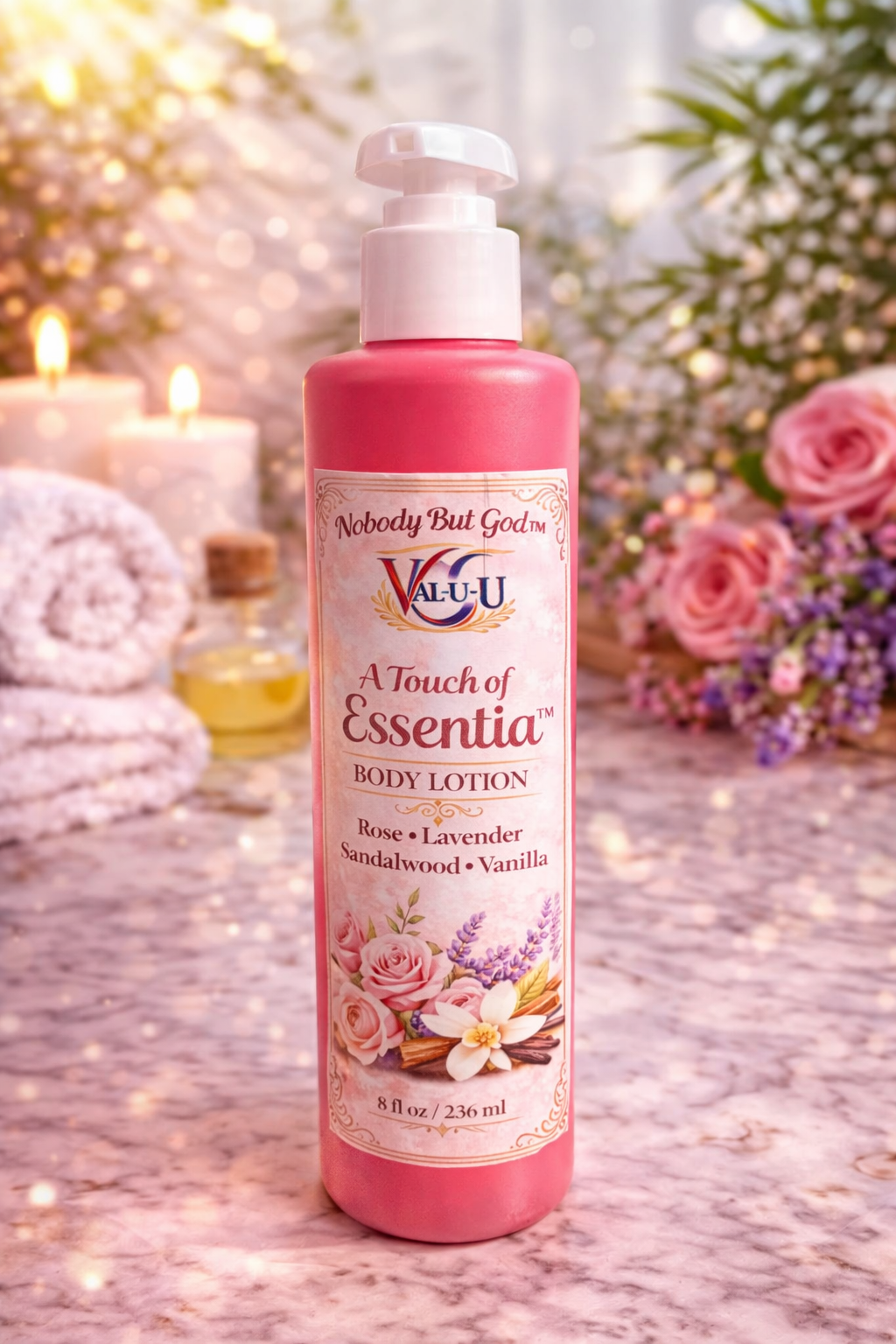Valu-U body lotion bottle with floral design on a soft background