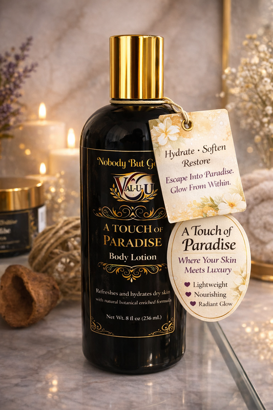 
A Touch of Paradise Body Lotion by ValuU in black bottle with gold pump on spa marble background