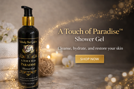 Shower gel bottle with decorative text and 'Shop Now' button on a warm-toned background