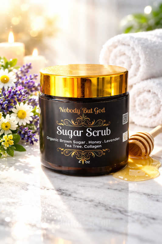 Jar of 'Nobody But God' sugar scrub with gold lid on a marble surface with flowers and honeycomb.