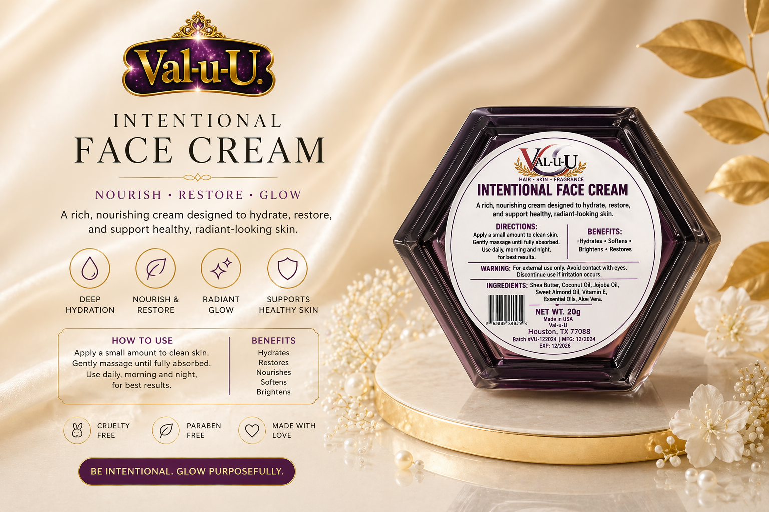 Val-u-U Intentional Face Cream packaging on a decorative background with gold leaves and white flowers.
