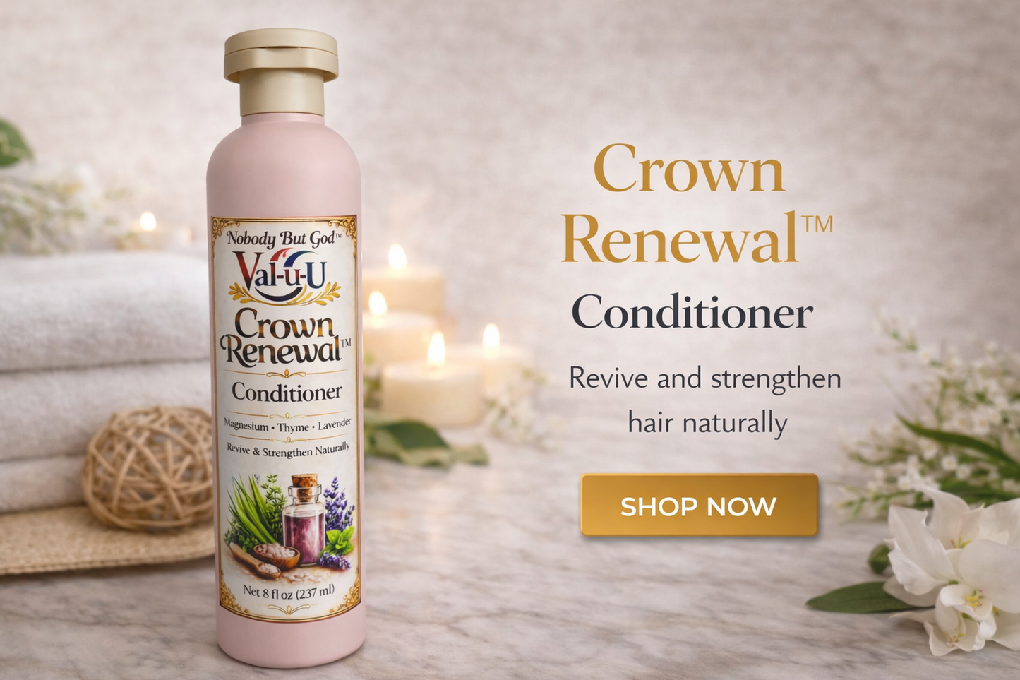  Crown Renewal Conditioner bottle with decorative elements on a neutral background