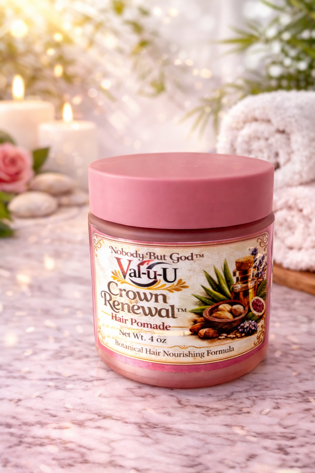  Crown Renewal hair pomade jar with pink lid on a decorative background