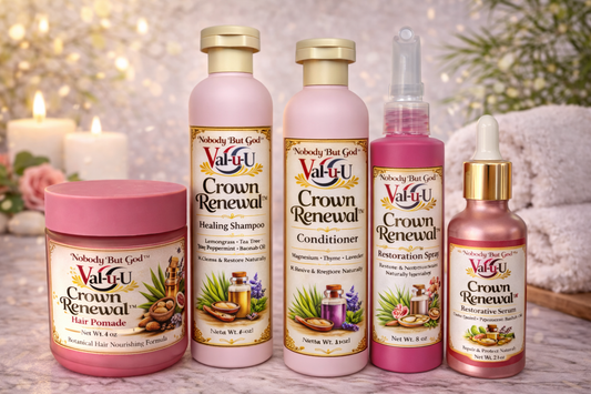 Val-u-U Crown Renewal hair care product set on a decorative background with candles and flowers.