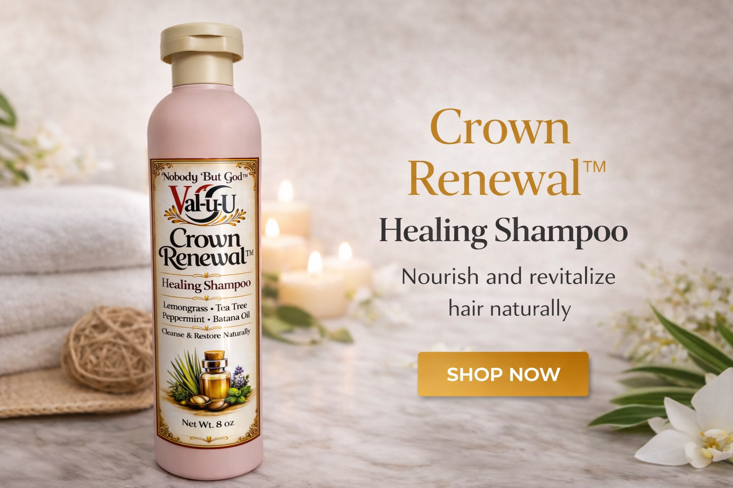 Valu-U Crown Renewal Healing Shampoo bottle with promotional text on a soft background