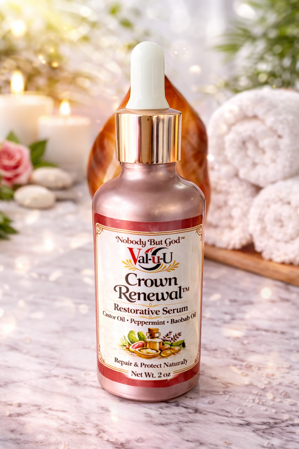  Renewal Restorative Serum bottle on a decorative background with candles and flowers.