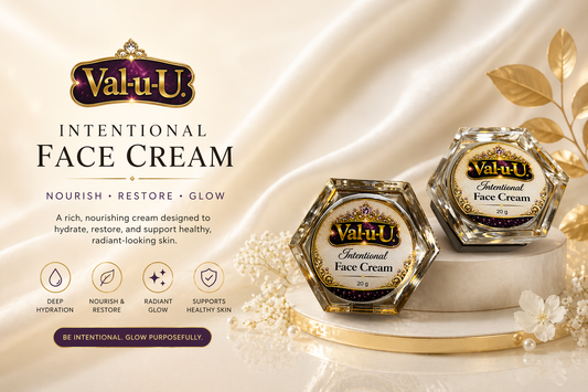 Val-u-U Intentional Face Cream jars on a luxurious background with gold accents and floral elements.
