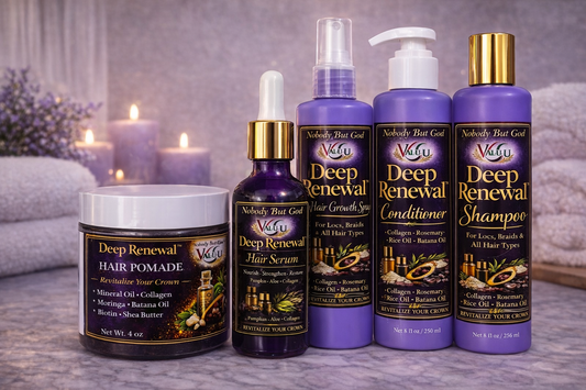  Deep Renewal hair care products on a surface with candles and flowers in the background.