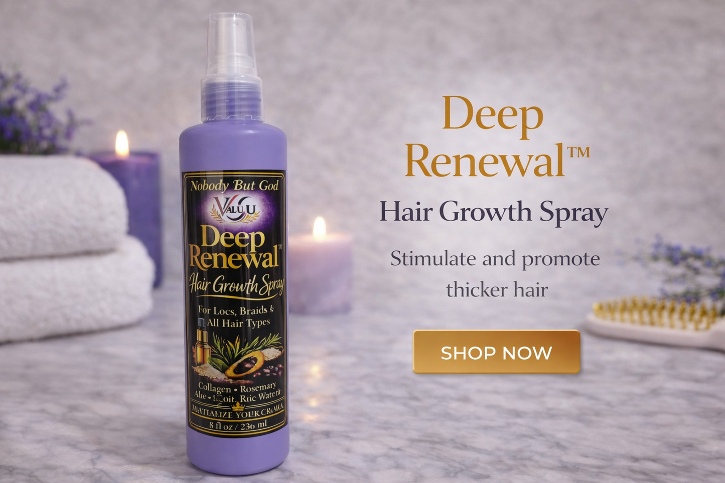 Deep Renewal hair growth spray bottle on a textured surface with candles and towels in the background.