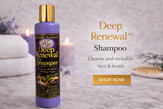  Deep Renewal Shampoo bottle with promotional text on a soft background
