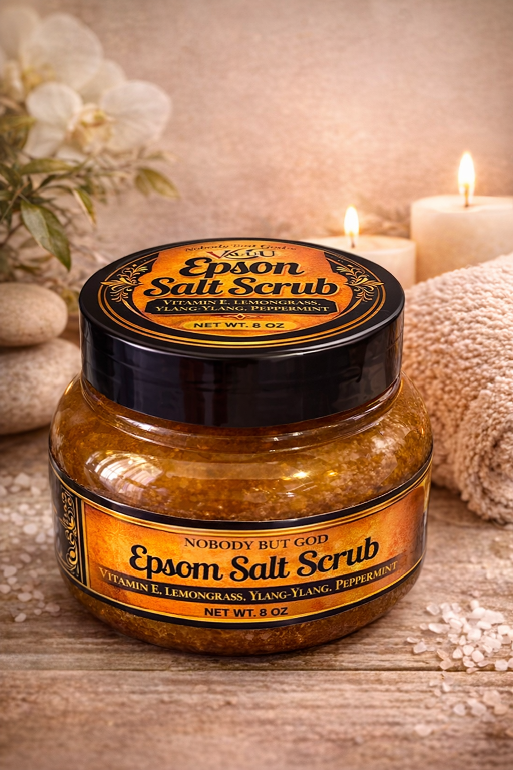 Jar of Epson Salt Scrub with decorative background
