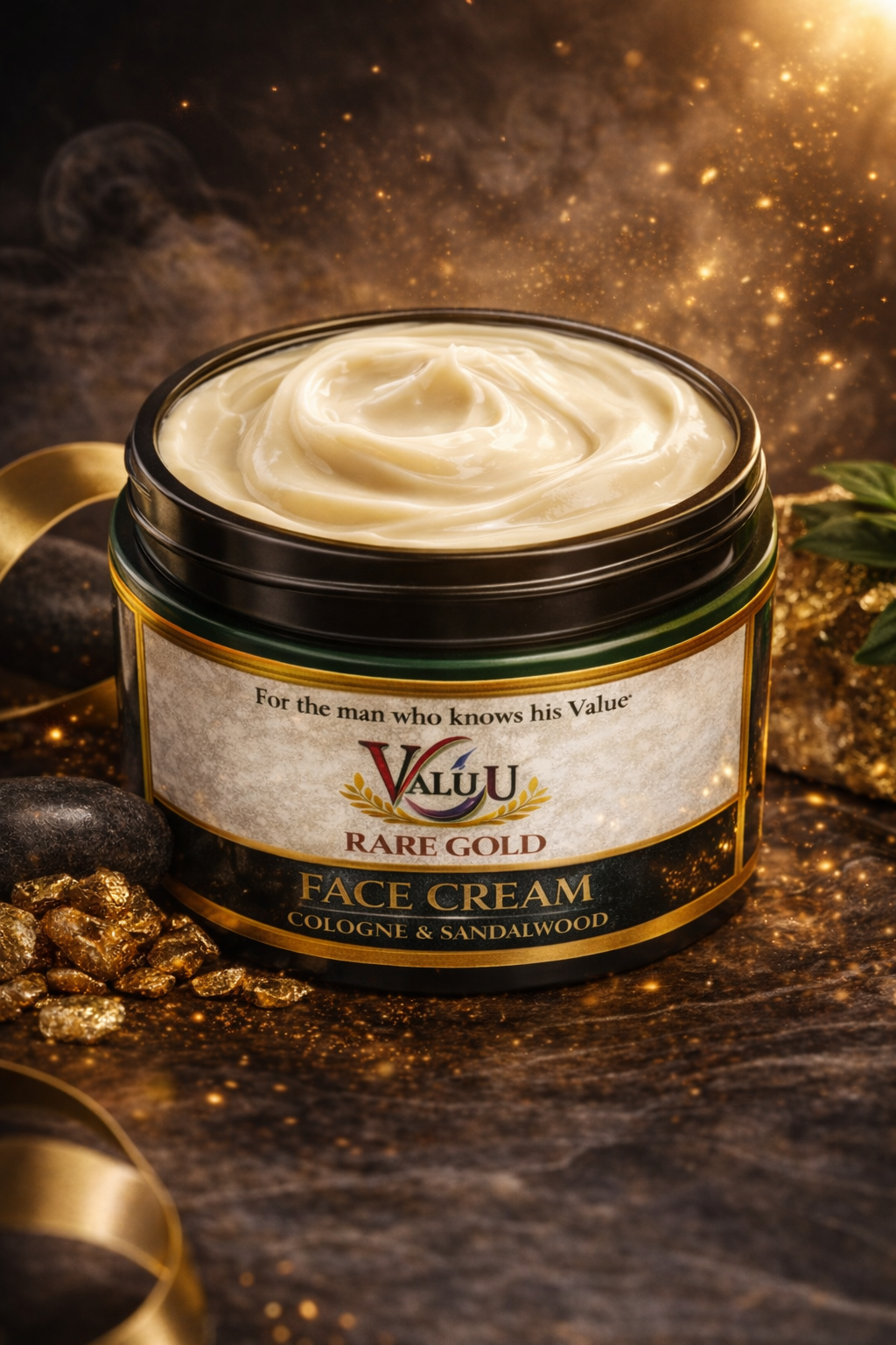 Valuu Rare Gold Face Cream jar with gold flakes and a dark background