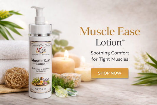 Muscle Ease Lotion bottle with candles and towels on a wooden surface