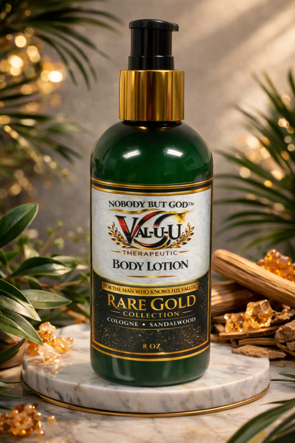Valhö-U Rare Gold Collection body lotion bottle on a marble surface with decorative elements.