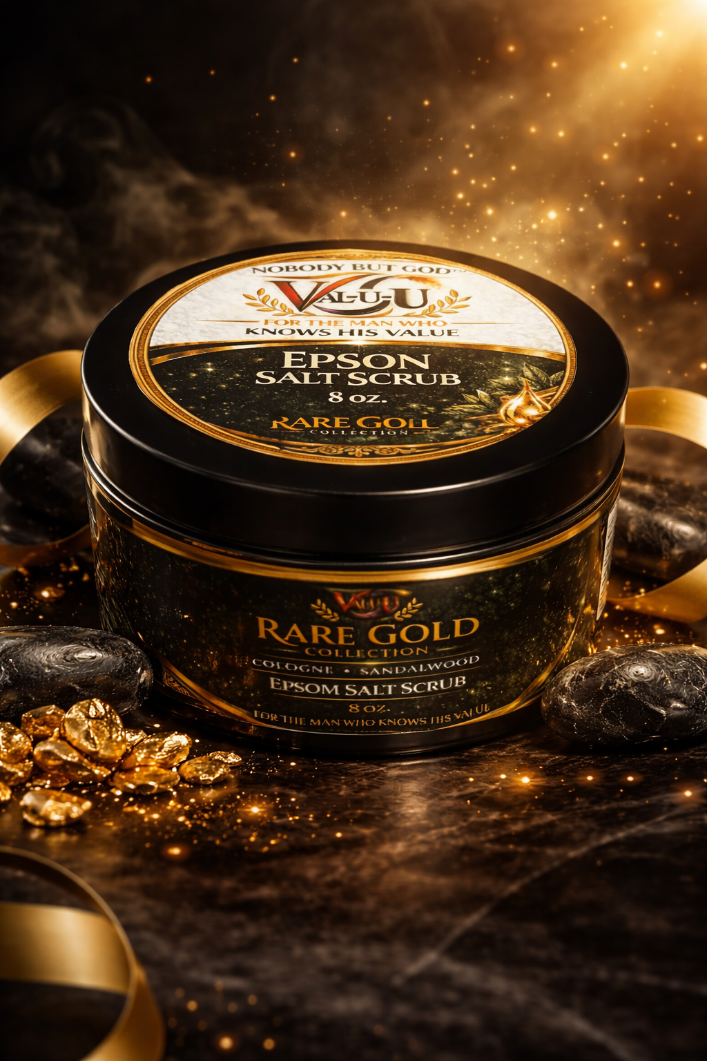 Epson salt scrub jar with gold accents on a dark background