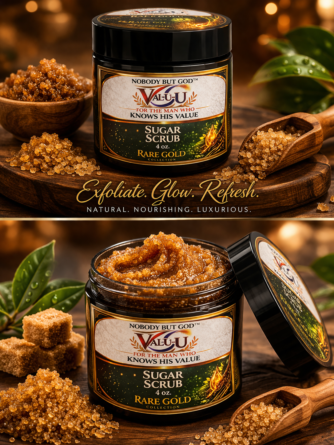Val-U Sugar Scrub jar with brown sugar crystals on a wooden surface with green leaves.