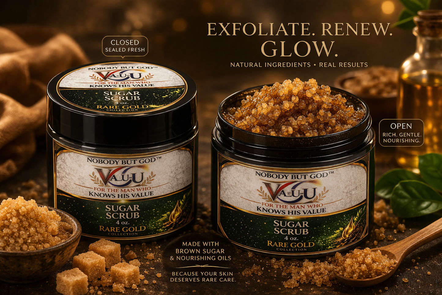 Two jars of 'Nobody But God' sugar scrub with brown sugar and text about product benefits.