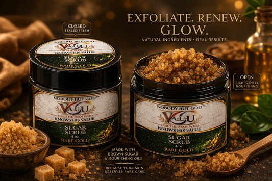 Two jars of 'Nobody But God' sugar scrub with brown sugar and text about product benefits.