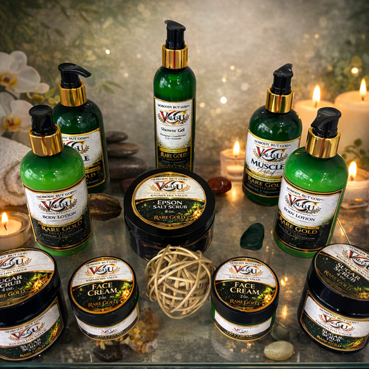 Collection of skincare and body care products on a reflective surface with candles in the background.