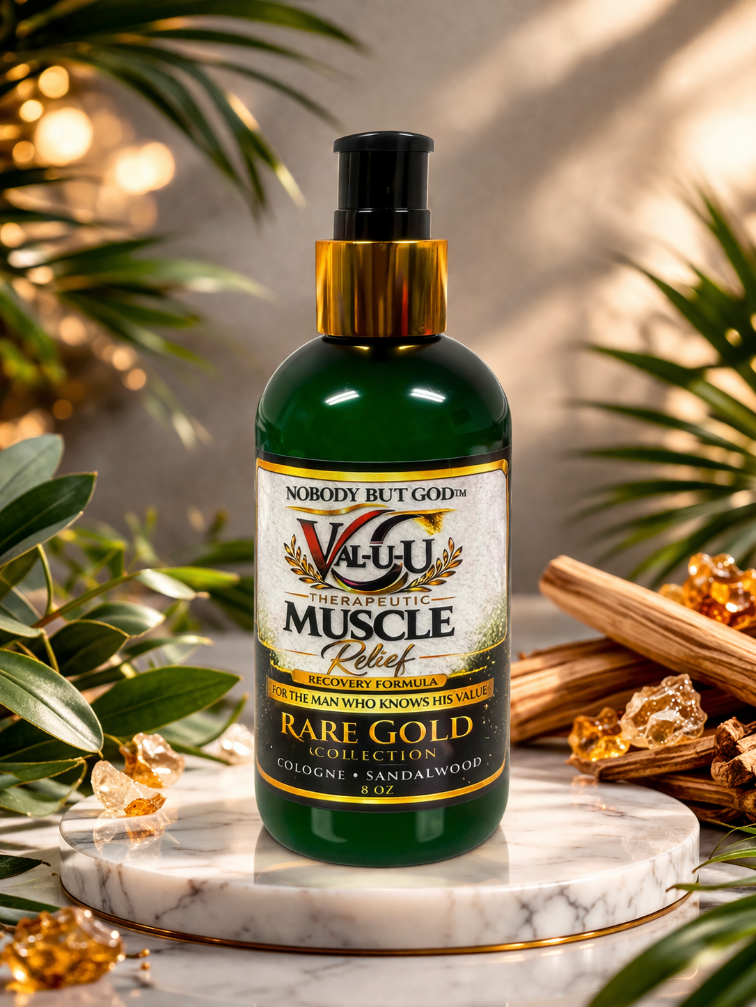 Valu-U Muscle Relief cologne bottle on a marble surface with plants and cinnamon sticks in the background.