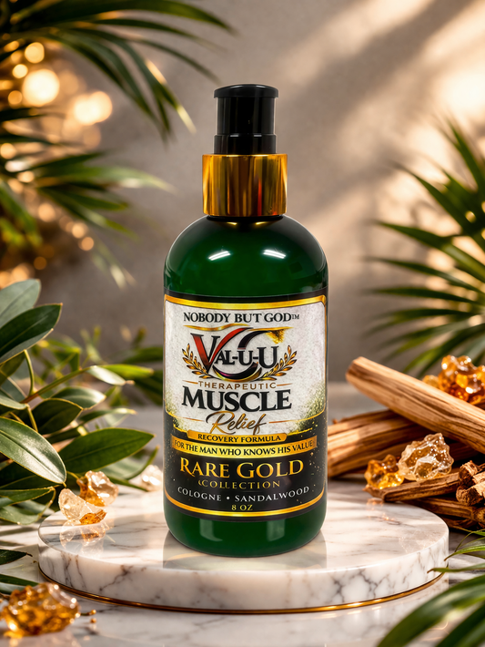 Valu-U Muscle Relief cologne bottle on a marble surface with plants and cinnamon sticks in the background.