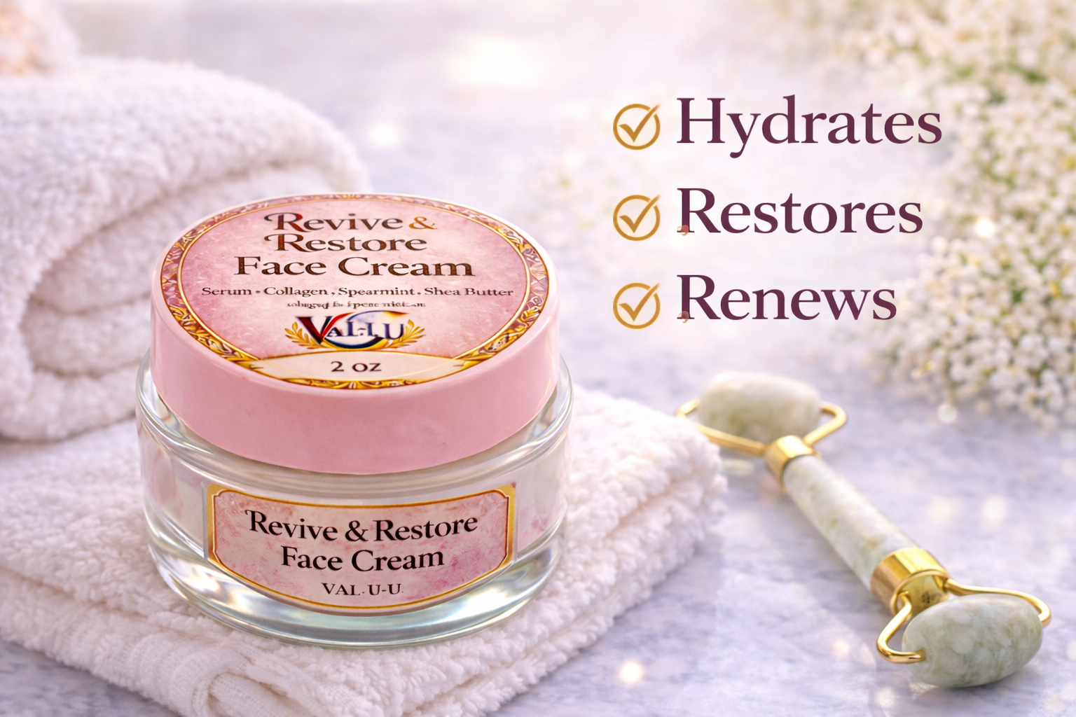 Val-u U Revive & Restore Face Cream jar with a roller on a soft background