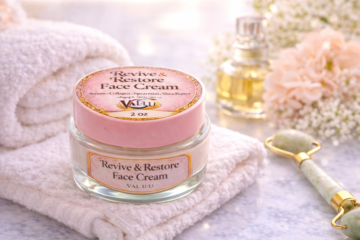 Jar of 'Revive & Restore' Face Cream with pink lid on a white towel with flowers and roller in the background