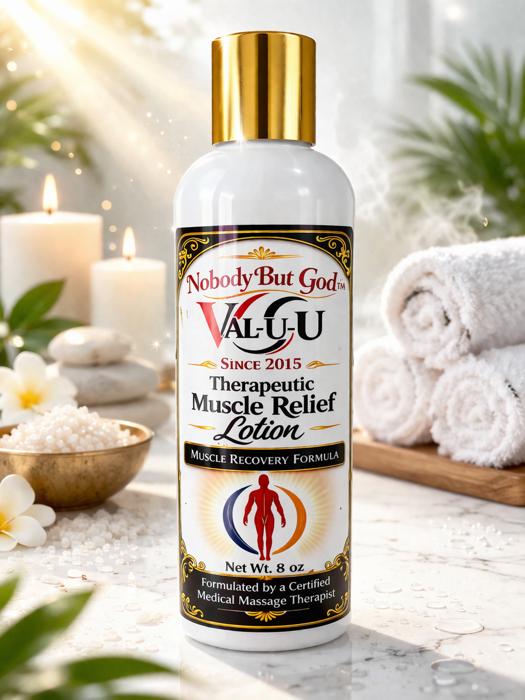 Therapeutic muscle relief lotion bottle on a spa-like setting with candles and towels.