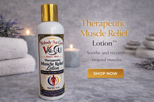  Therapeutic Muscle Relief Lotion bottle with promotional text on a relaxing setting background.