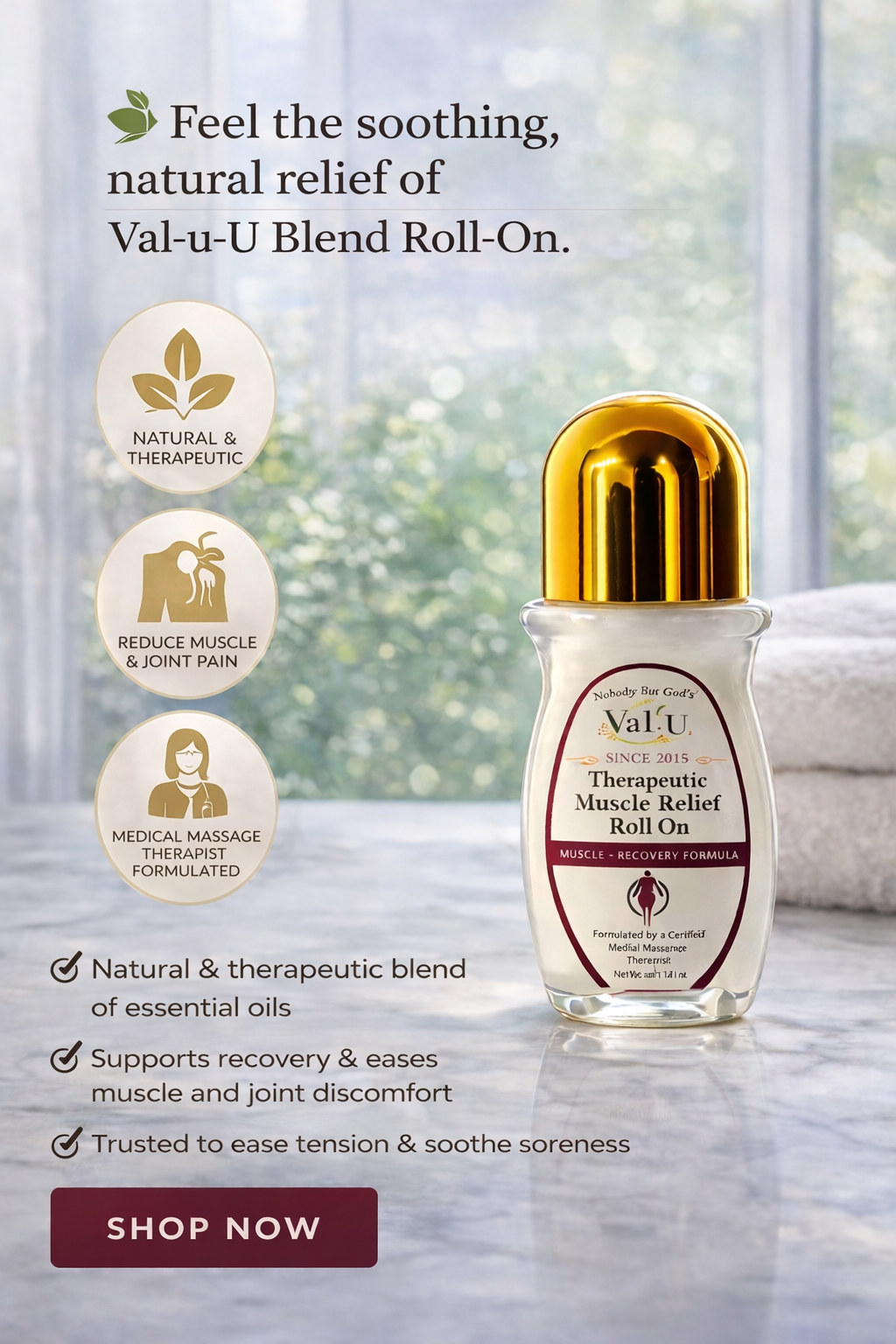 Val-u-U Blend Roll-On bottle with product details on a blurred background