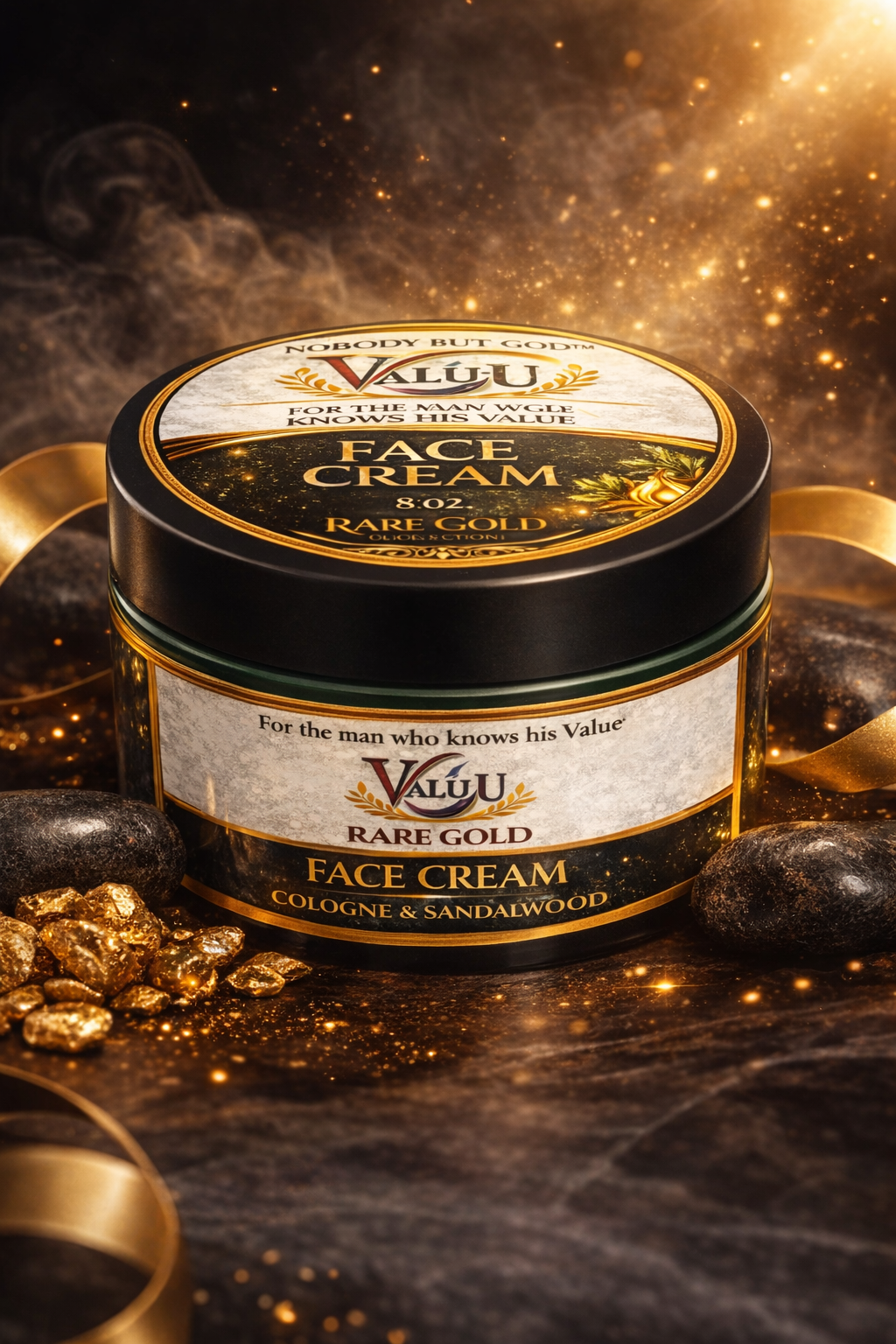 Valou Rare Gold Face Cream jar with gold accents and luxurious packaging on a dark background.