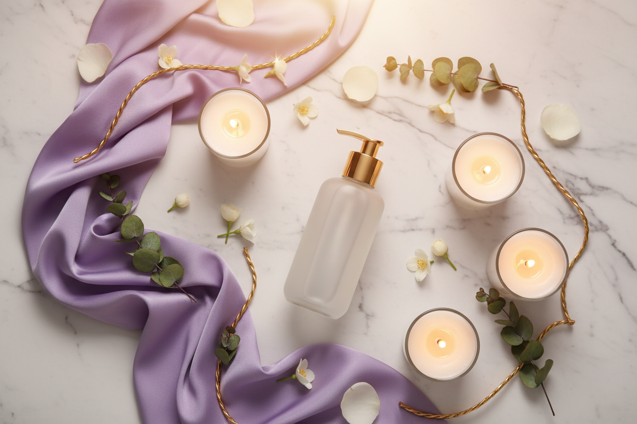 A Touch of Paradise Shower Gel lifestyle flat lay with candles and flowers
